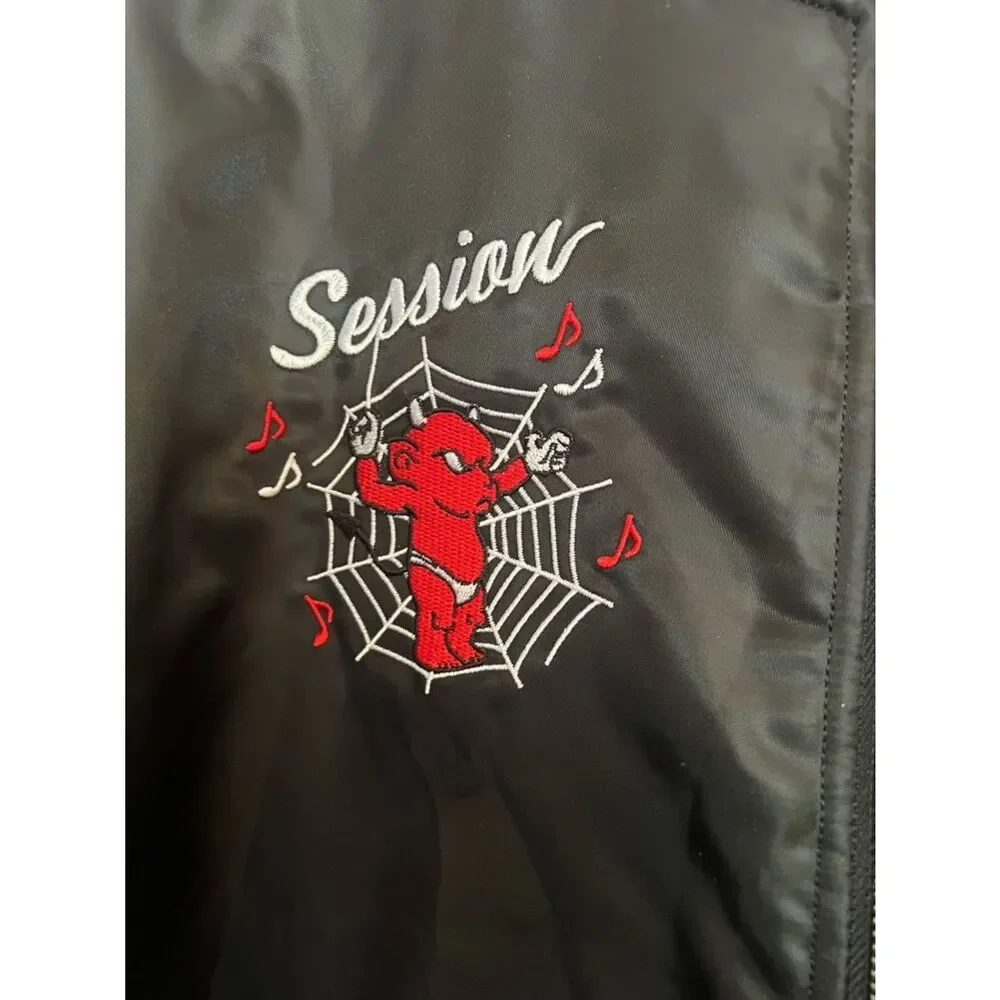 B-R-M Black Satin Bomber Jacket with Red Embroidered Graphics - Picture 3 of 6